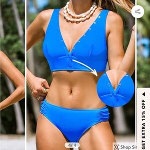 CUPSHE size Large Blue Snap Plunging Tankini Top & size XLARGE Bottoms Set NEW!
